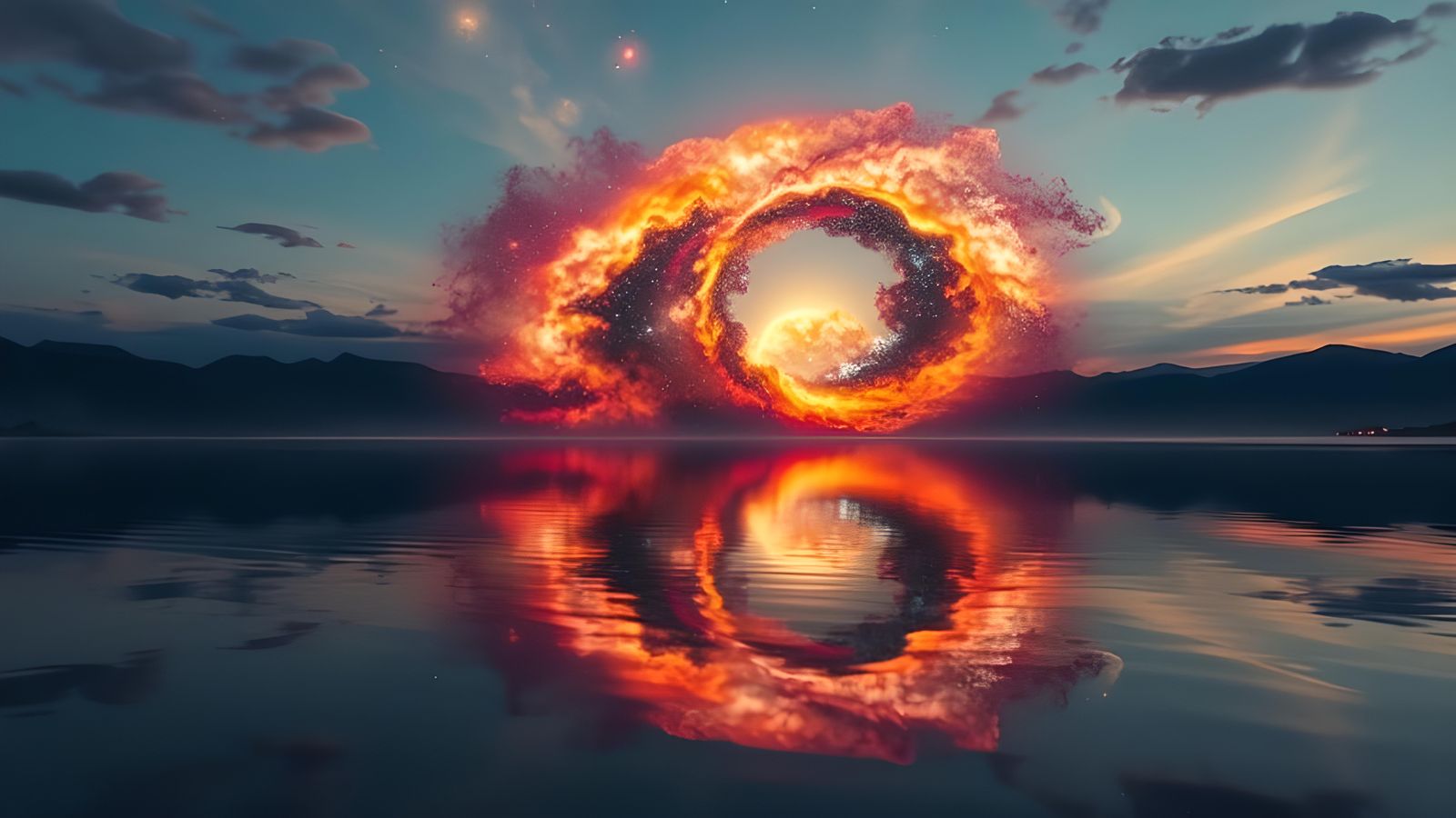 Surreal Cosmic Galaxies Merge Over Alien Lake