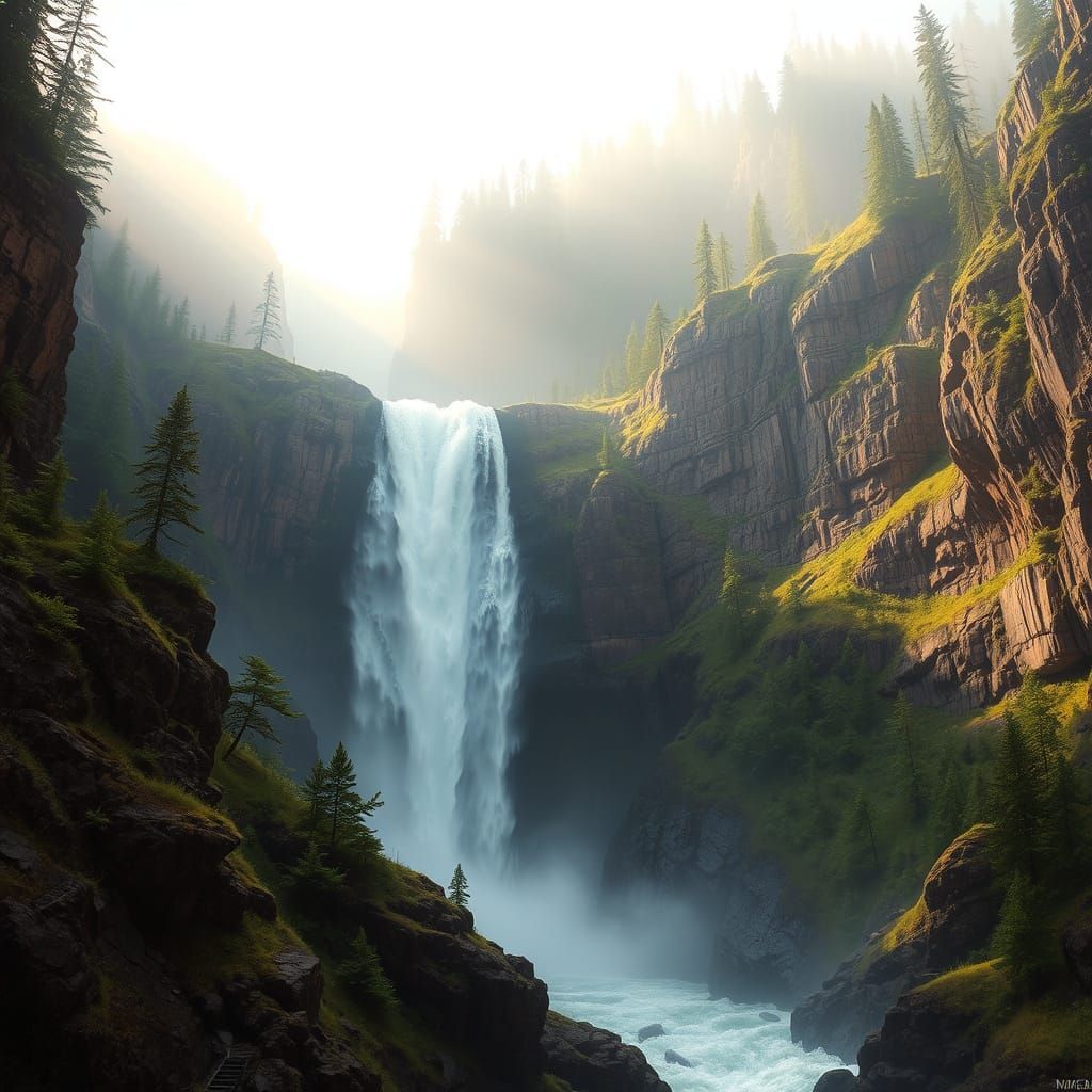 Majestic Waterfall in Dramatic Landscape Style