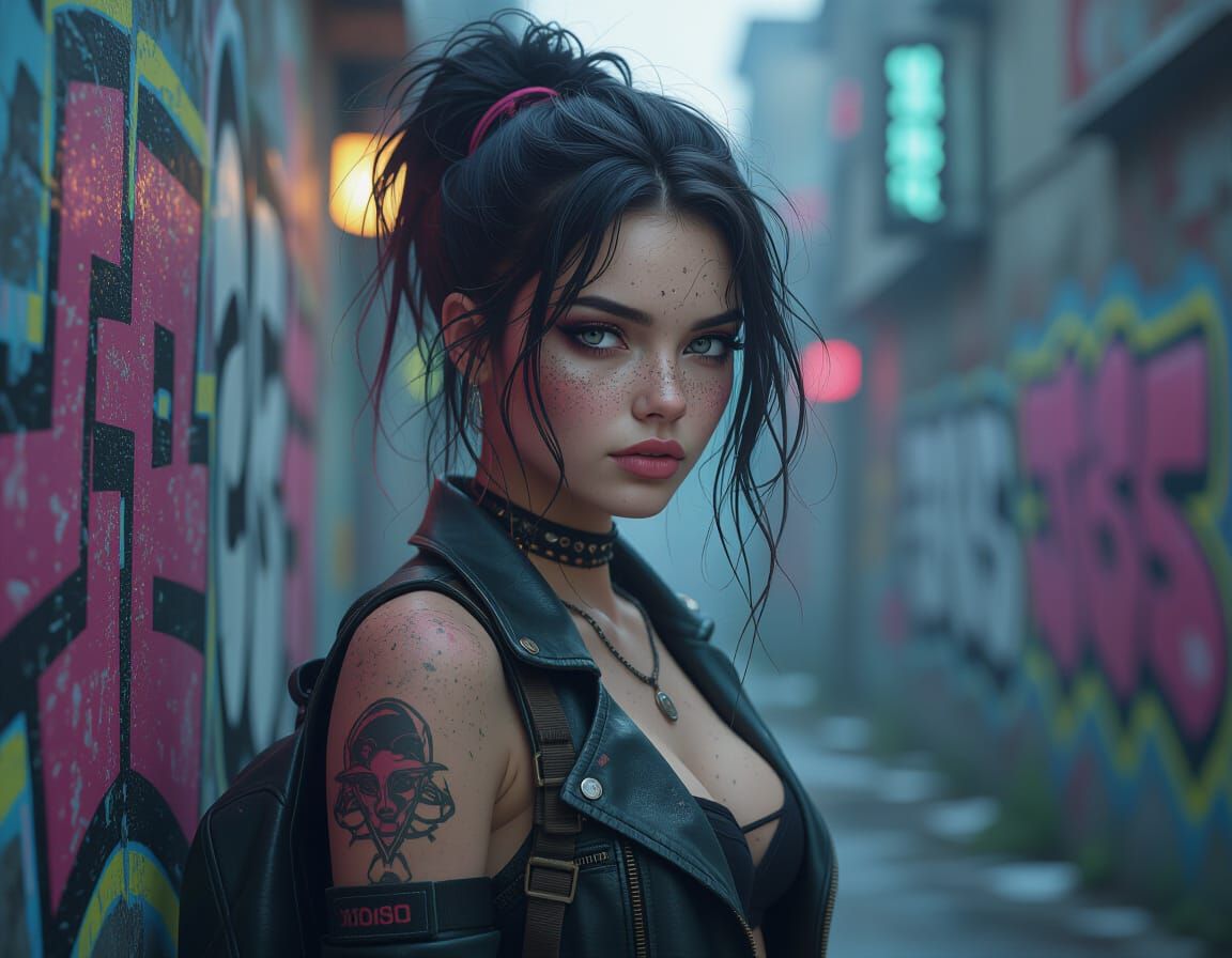 Cyberpunk Nymph in Urban Decay, Ethereal Freckles, Neon Hair