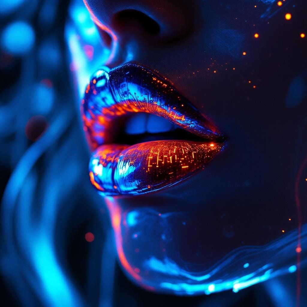 Cyberpunk Mouth with Neon Glows and Holographic Patterns