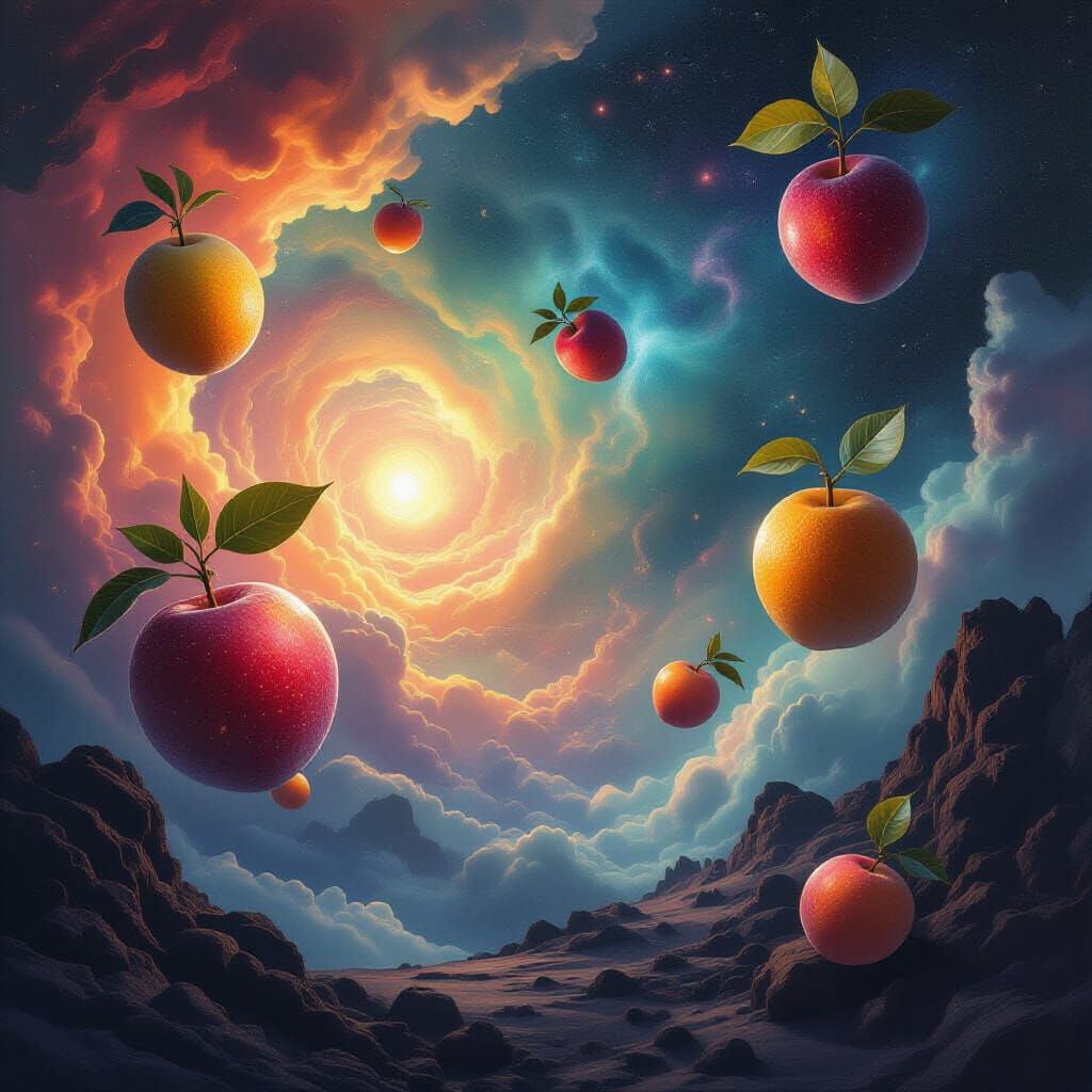Surreal Cosmic Dreamscape With Floating Fruits and Alien Flo...