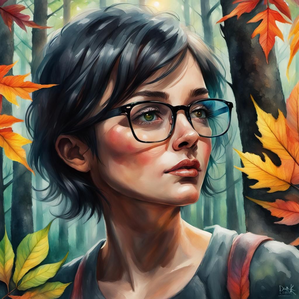 Realistic Woman in Vibrant Forest, Watercolor Style
