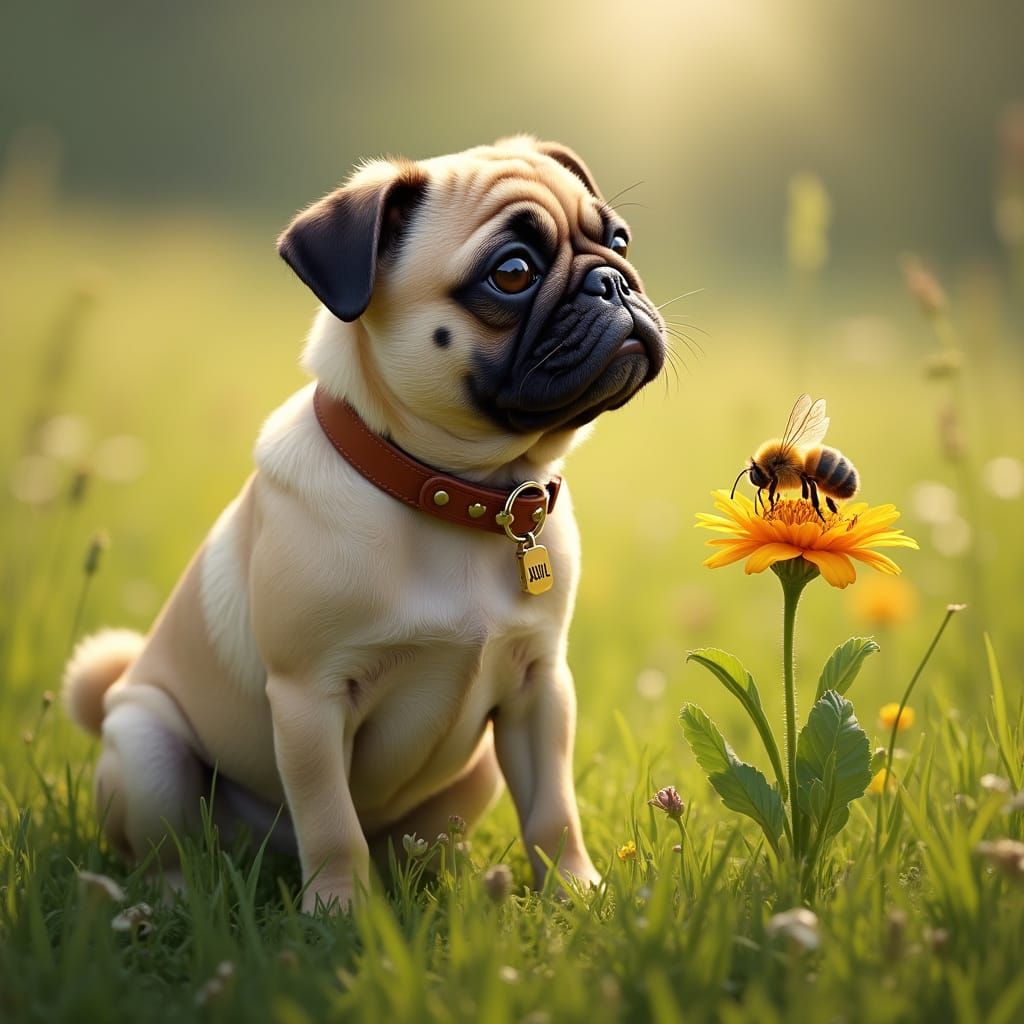 Photorealistic Pug Watches Bee in Lush Meadow