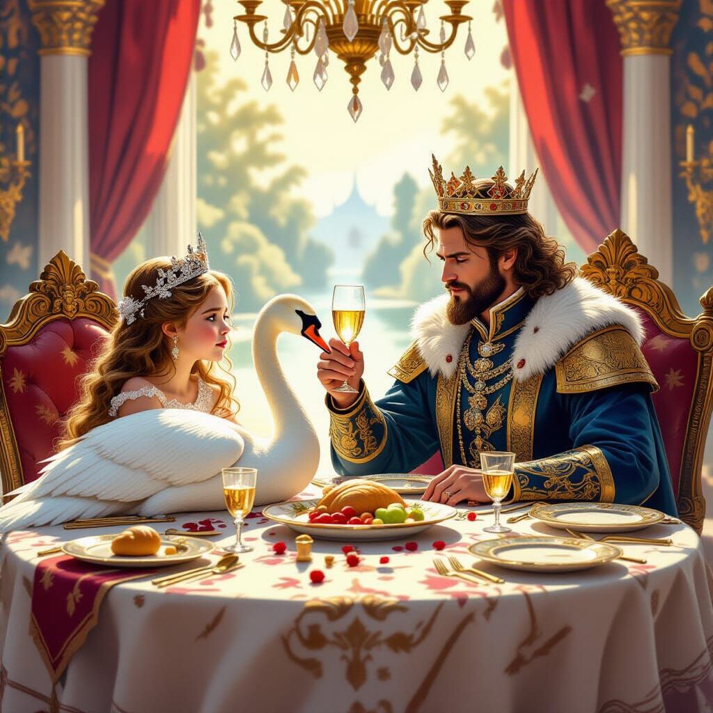 Royal Swan Feast: Pre-Raphaelite Fantasy Painting