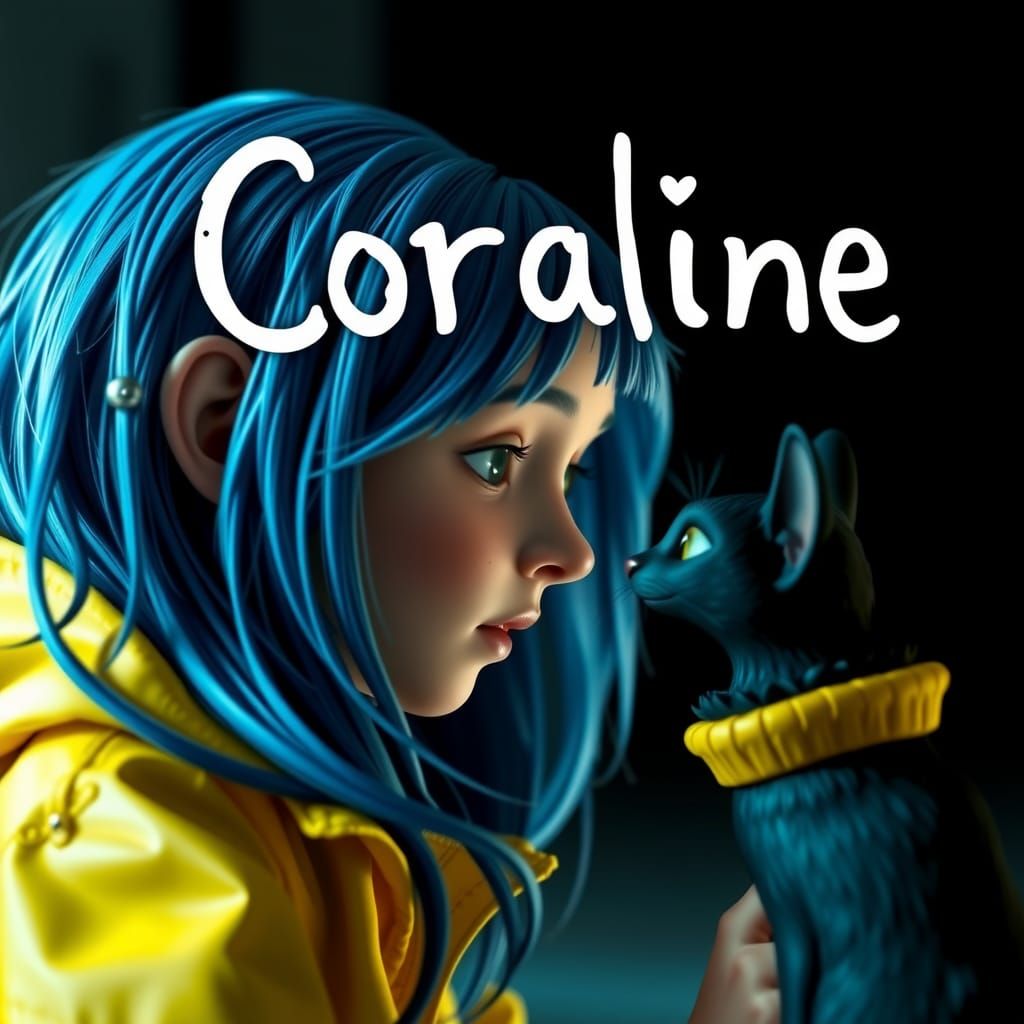 cinematic view of Coraline looking affectionately at the bla...