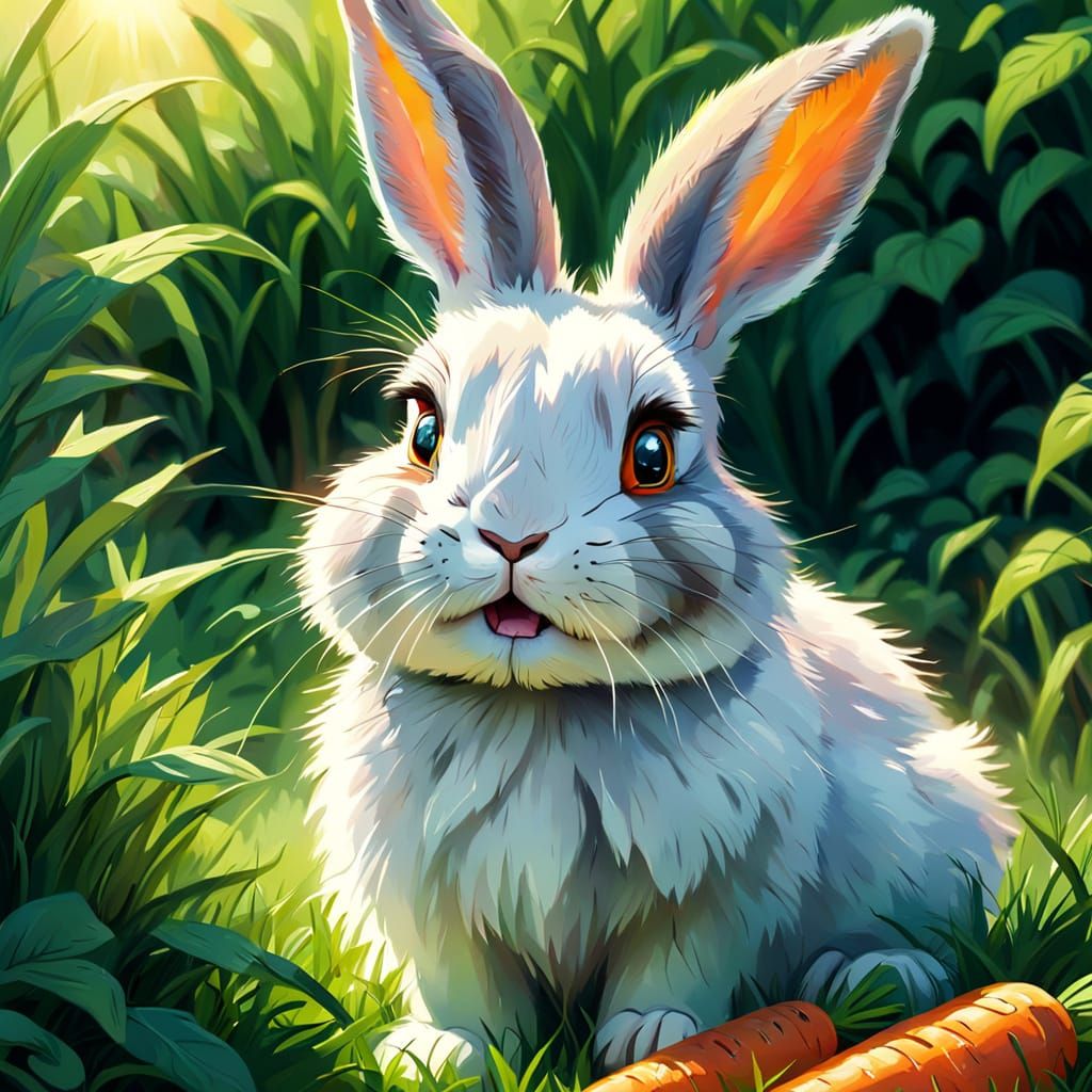 Rabbit Eats Carrot: Vibrant Digital Oil Painting
