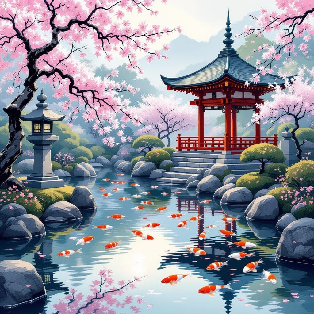Serene Japanese Zen Garden With Koi Pond and Cherry Blossoms