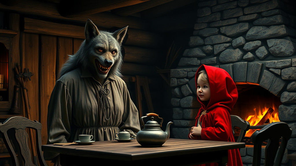 Wolf in Grandma Disguise with Little Red Riding Hood