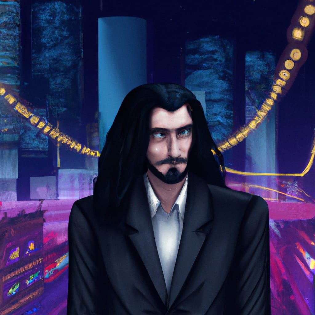 Cyberpunk Man with Beard in Night City