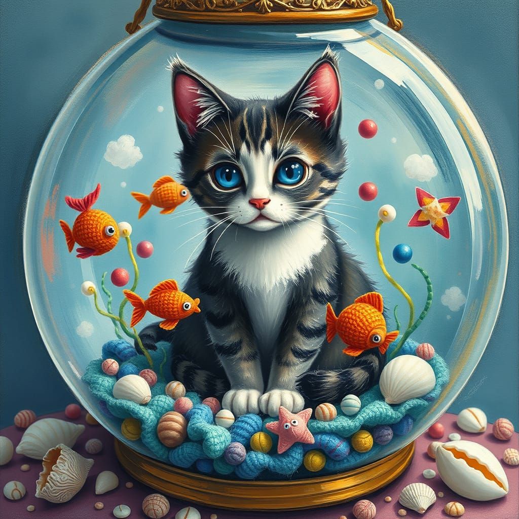 Whimsical Cat in a Vibrant Yarn Aquarium