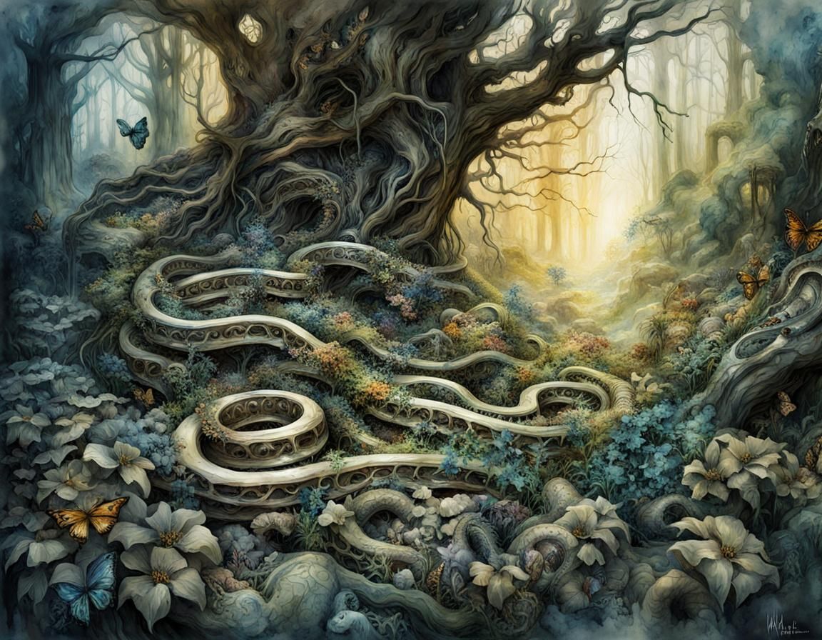 Bioluminescent Snake Bone Pile in Retropunk Style