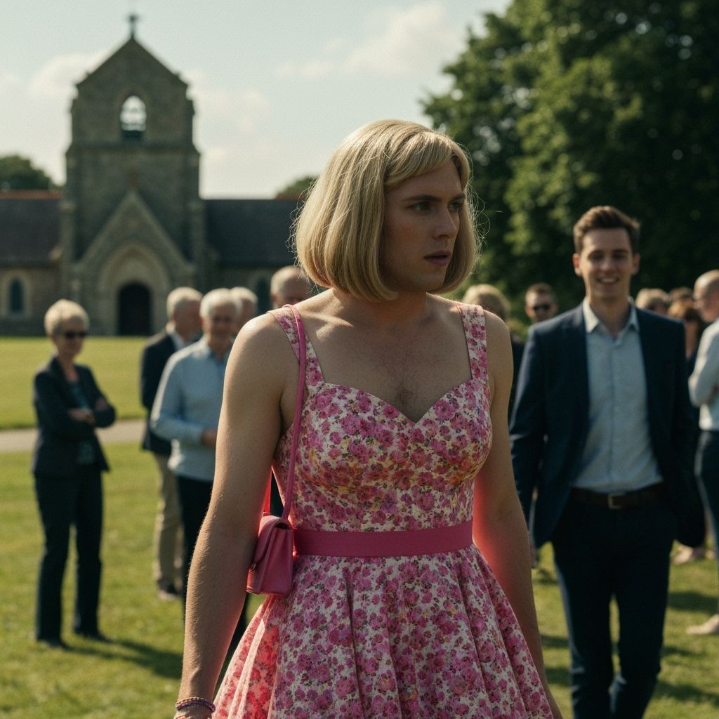 Shy Young Man in 1950s Minidress Walking to Church