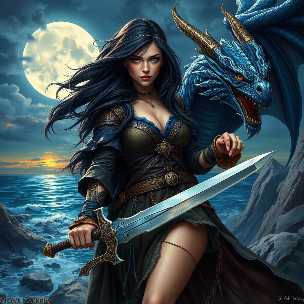 Medieval Sorceress and Blue Dragon Seascape