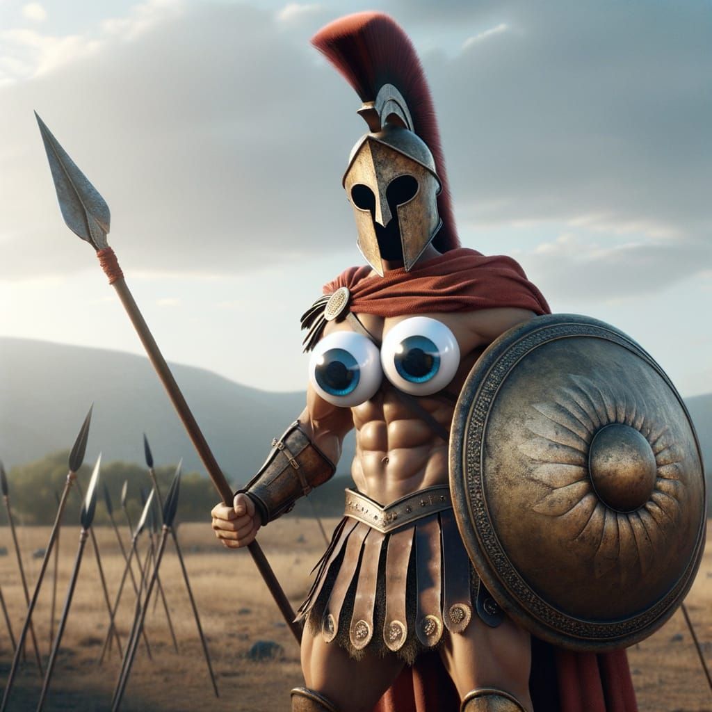 Googly-Eyed Spartan Warrior in Ancient Battlefield