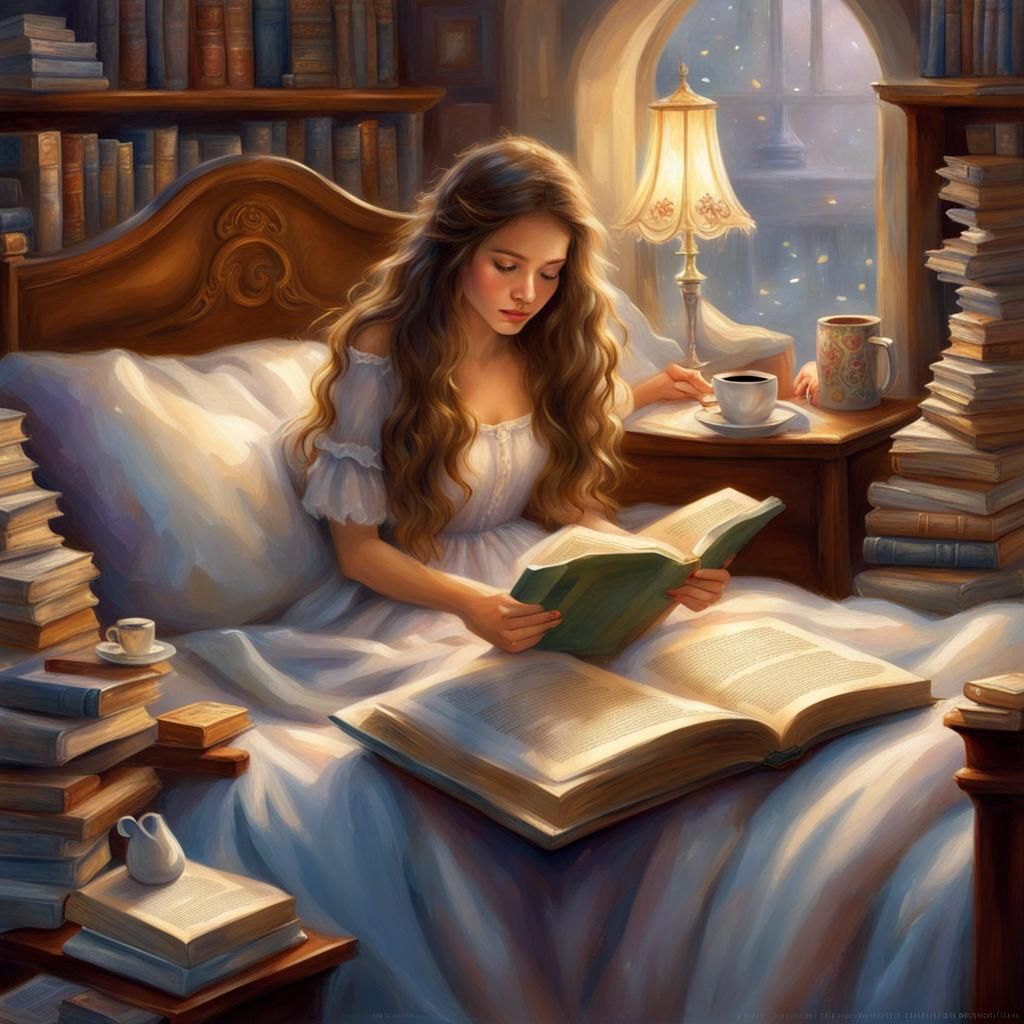 Girl Reading on Bed Surrounded by Books, Fantasy Style