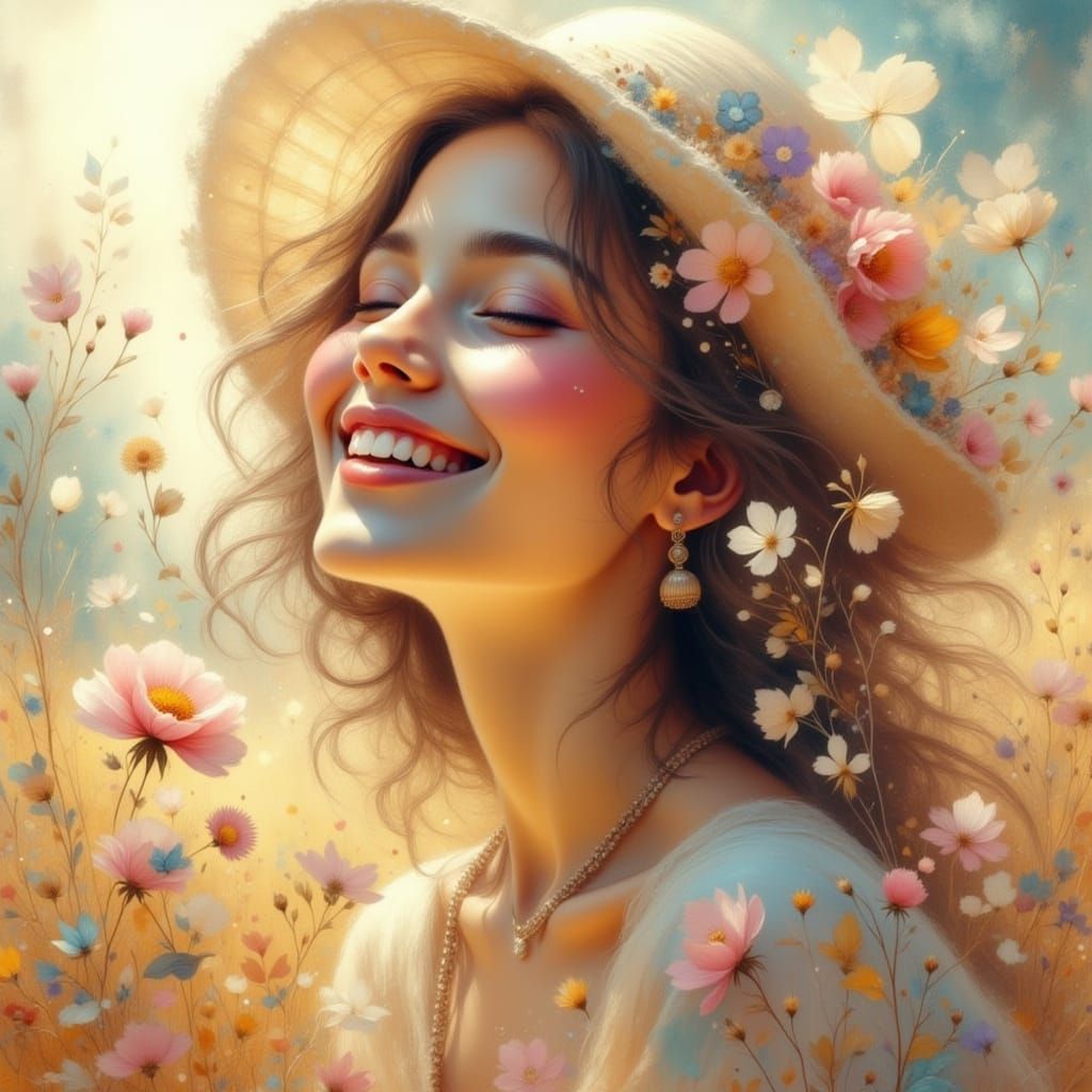 Joyful Woman Laughing in Sun-Drenched Meadow Digital Art