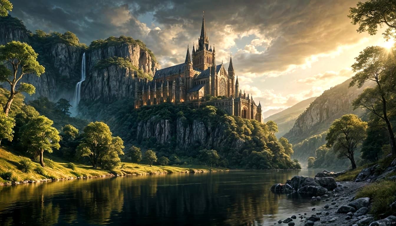 Gothic Abbey on River Cliff at Sunset
