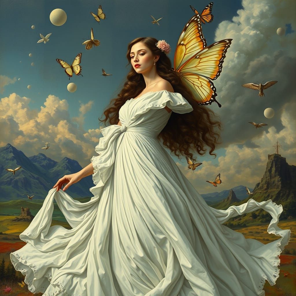 Surreal Woman with Butterfly Wings in Vibrant Landscape
