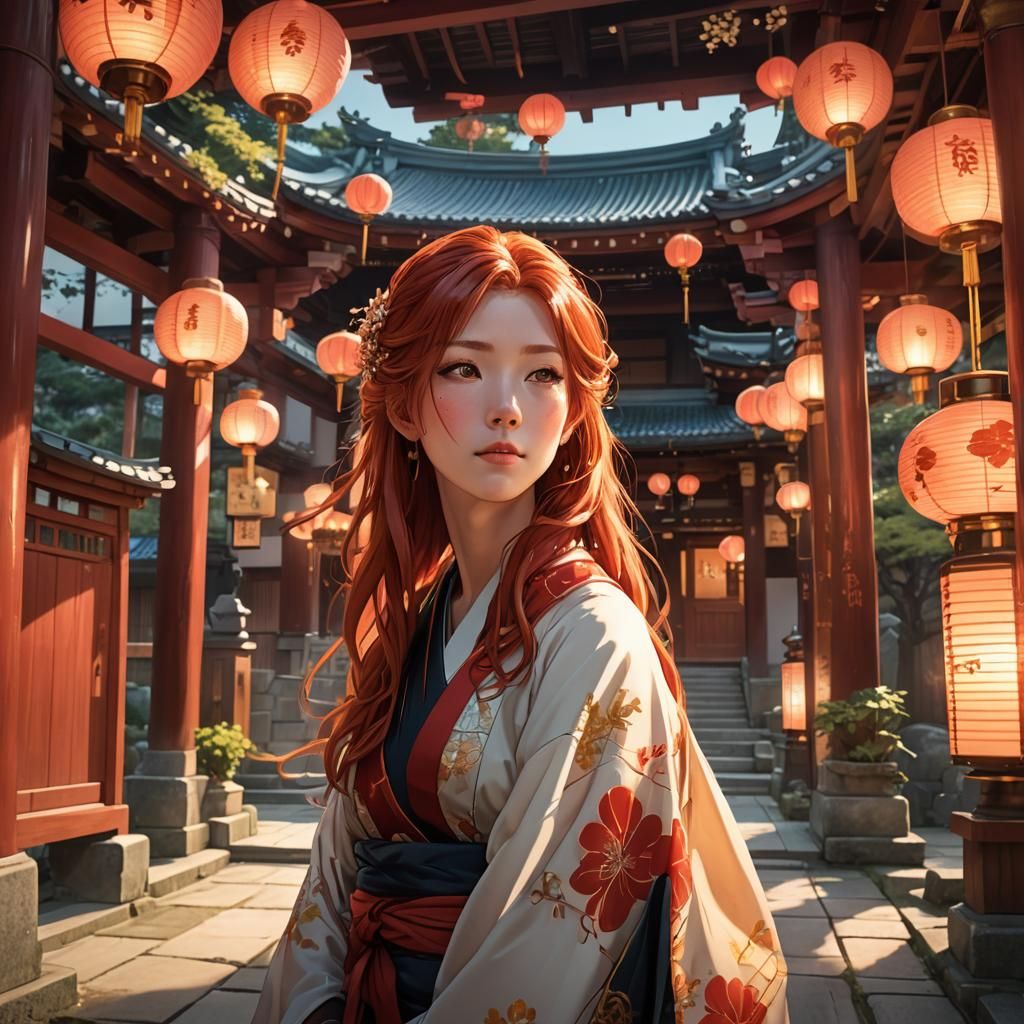 Anime Woman at Japanese Temple Entrance