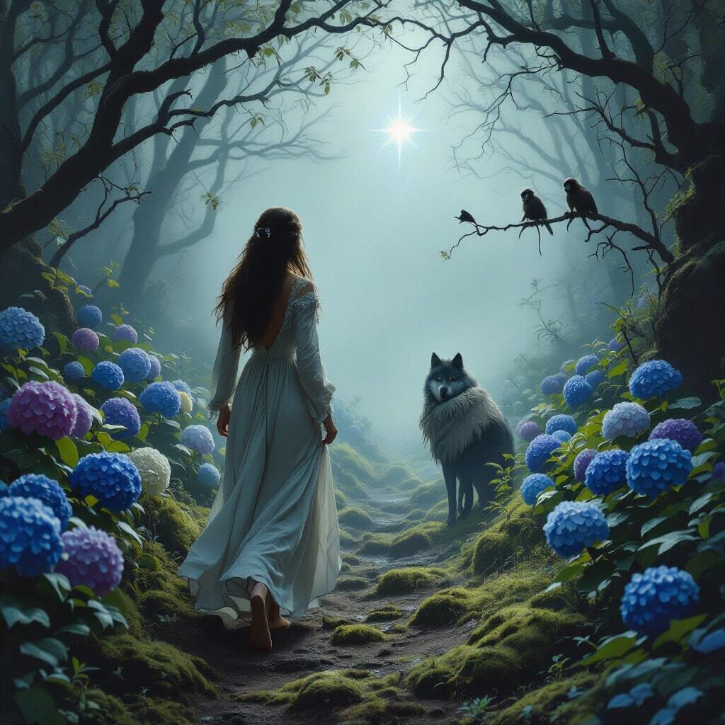 Woman Follows North Star Into Misty Forest with Wolf