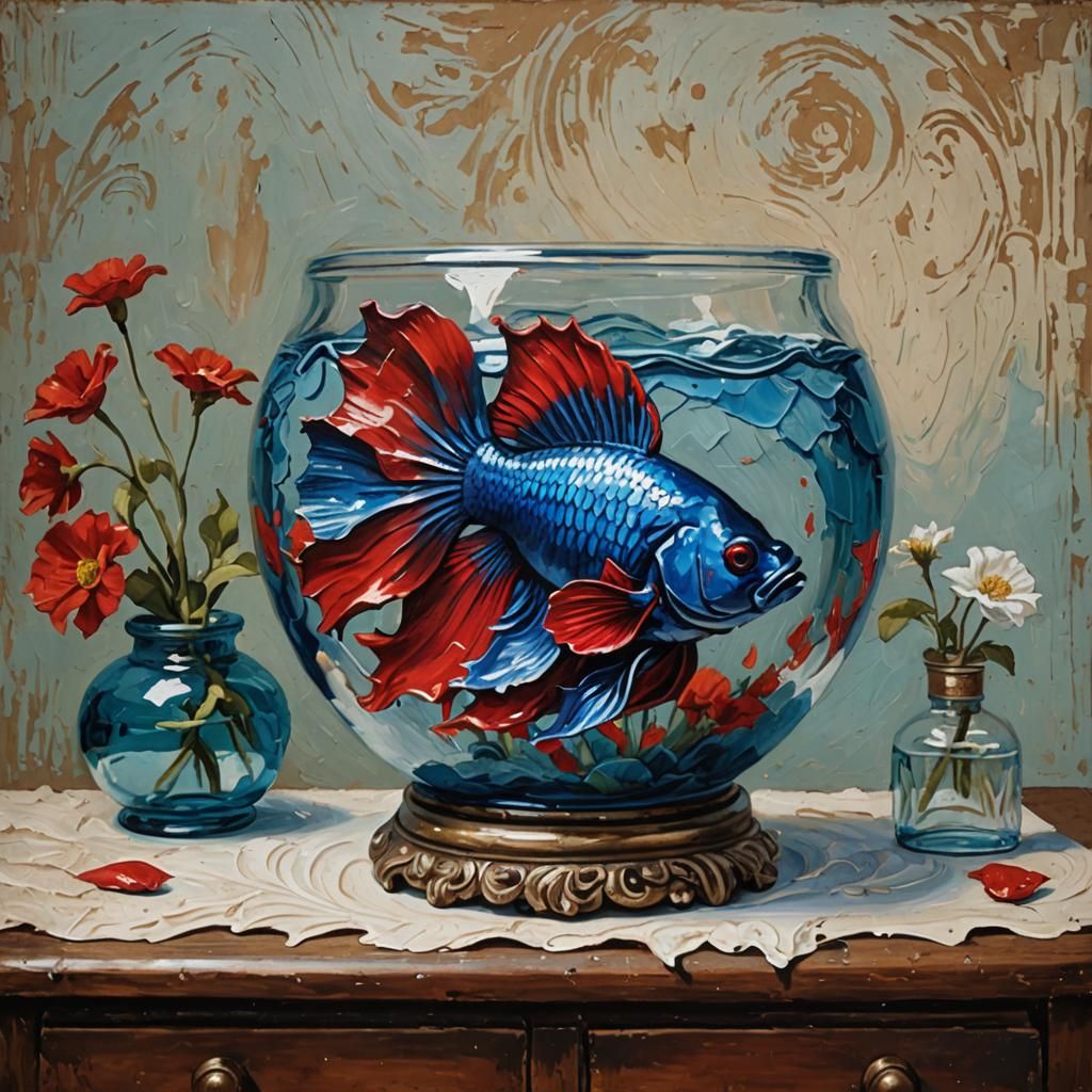Beta Fish on Antique Vanity as Impasto Painting