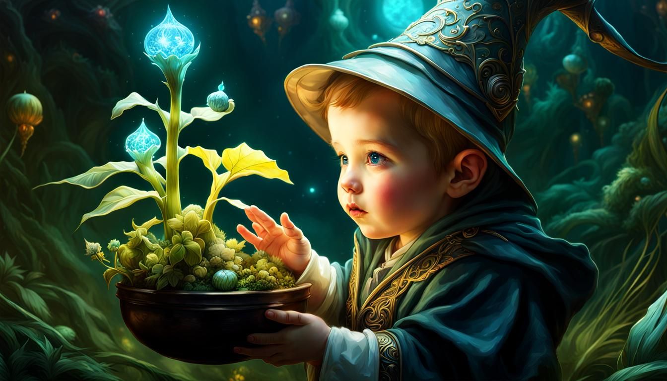 Magical Plant Child in Wizard's Hand: Fantasy Art