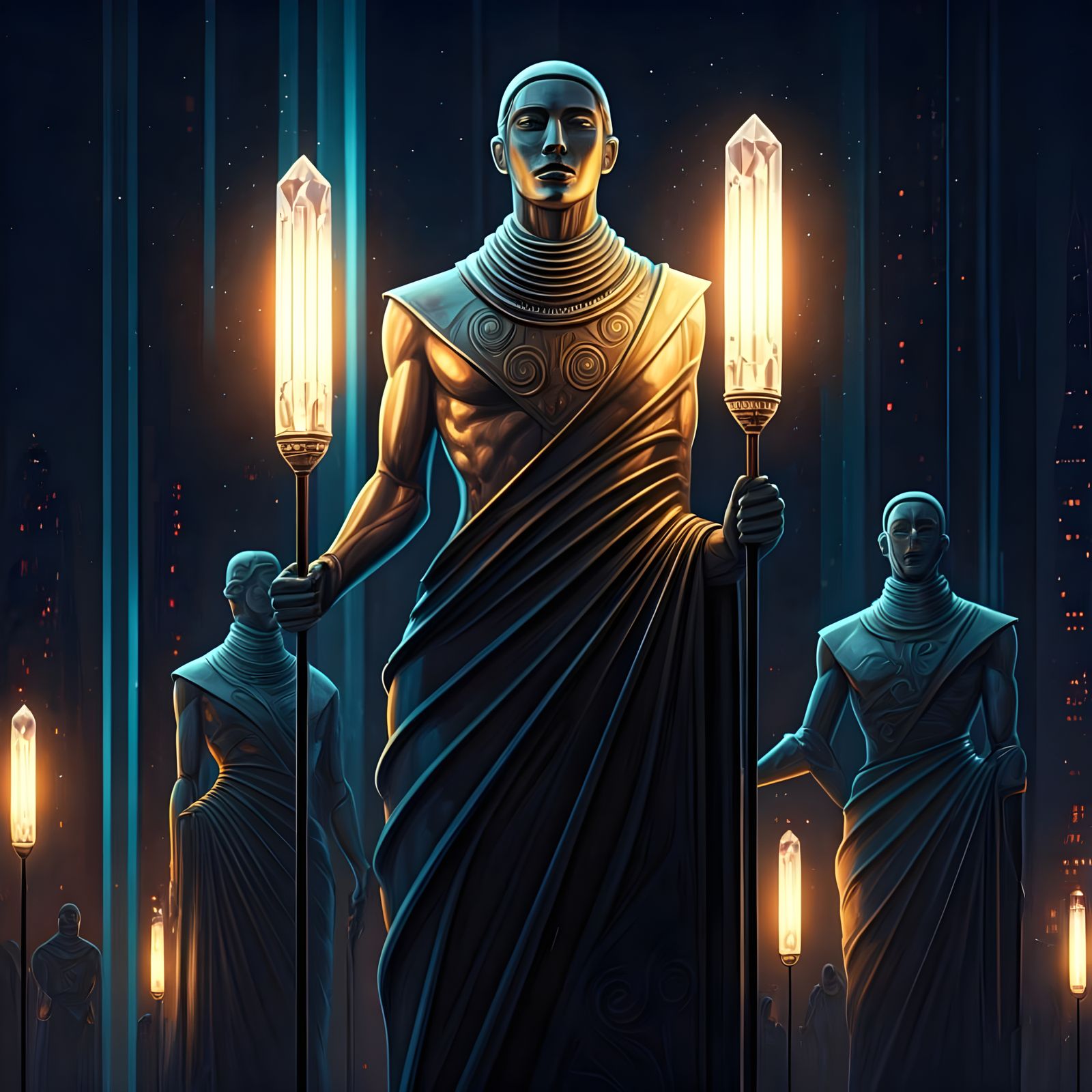 Art Deco Statues with Lamps in Sci-Fi City