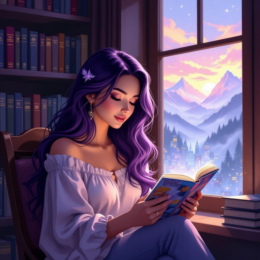 Woman Reading Comic in Library Window Nook, Holographic City...