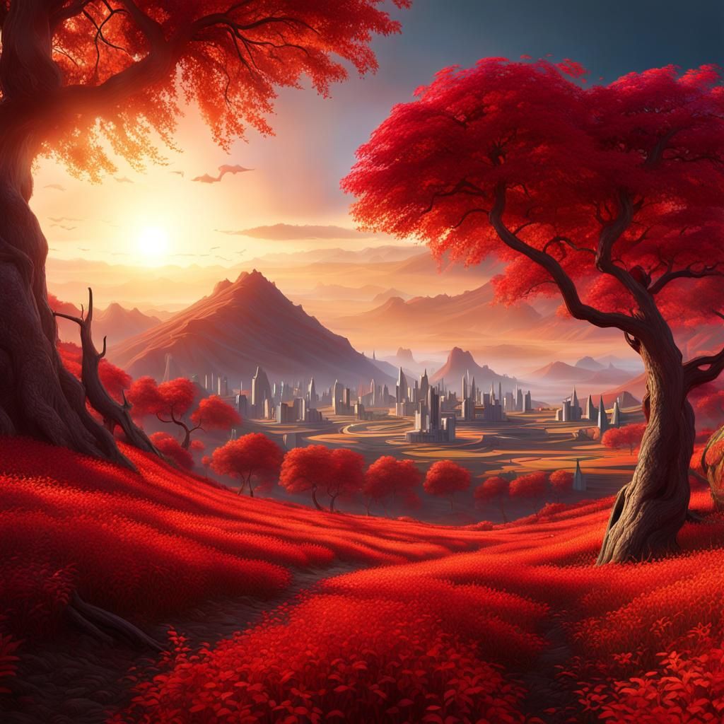 Autumn Valley Sunset with Futuristic Architecture in 3D