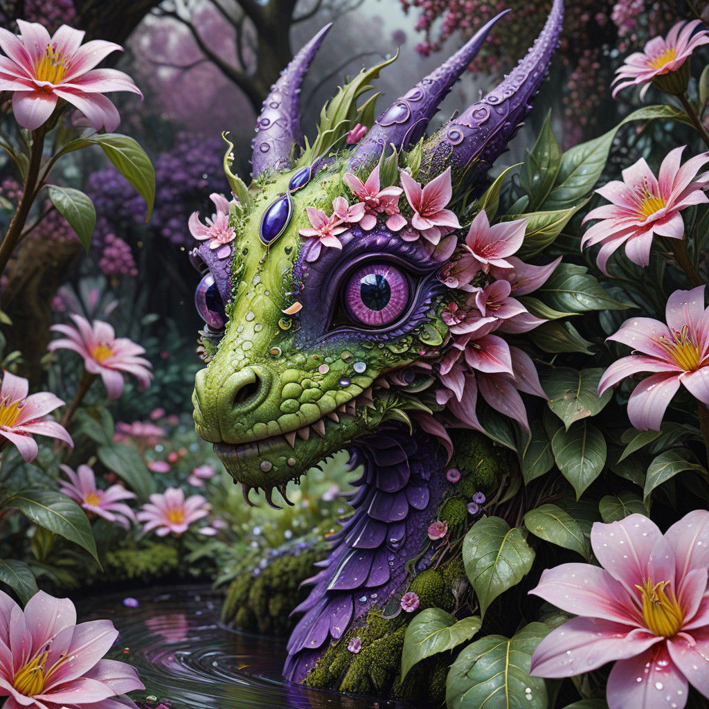 Whimsical Floral Dragon in a Surreal Garden Scene