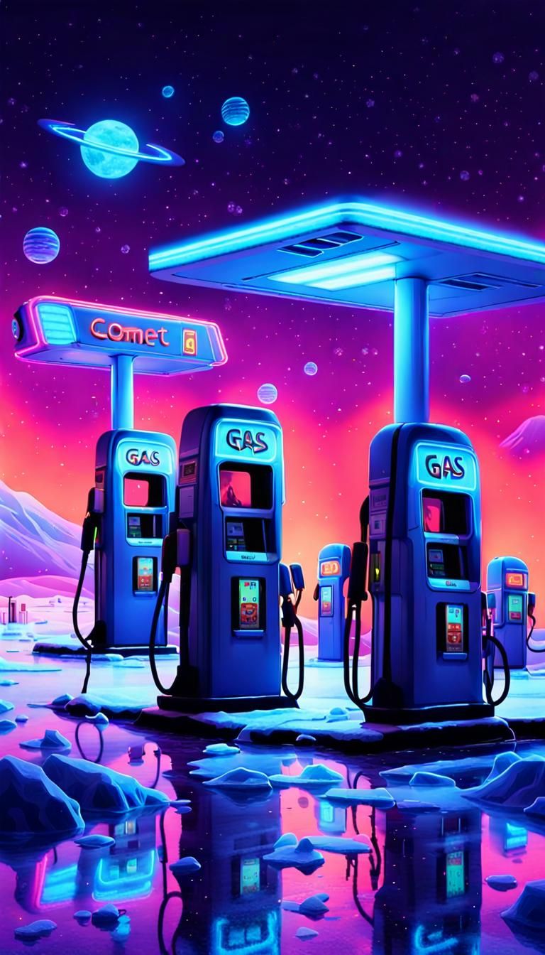 Sci-Fi Gas Station on Comet with Neon Lights