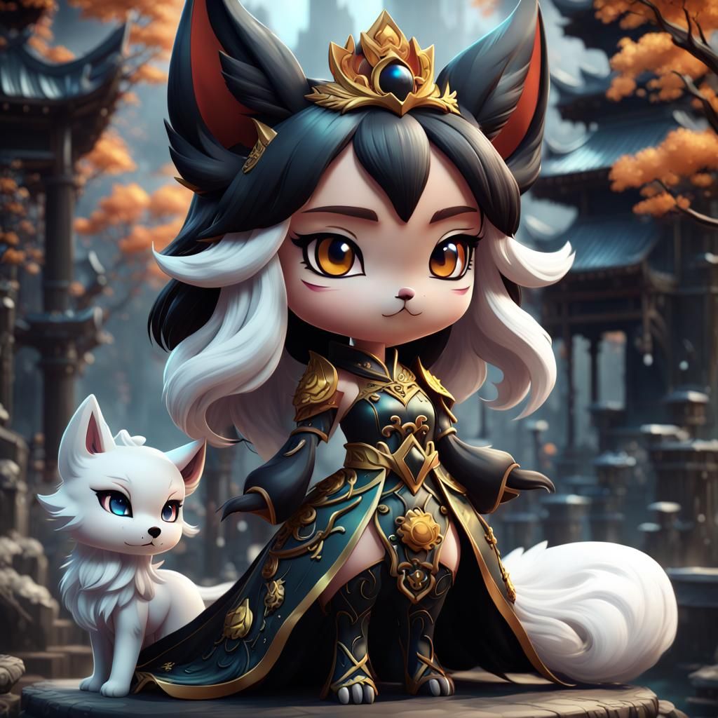 Chibi Black Kitsune Princess: Detailed Fantasy Art