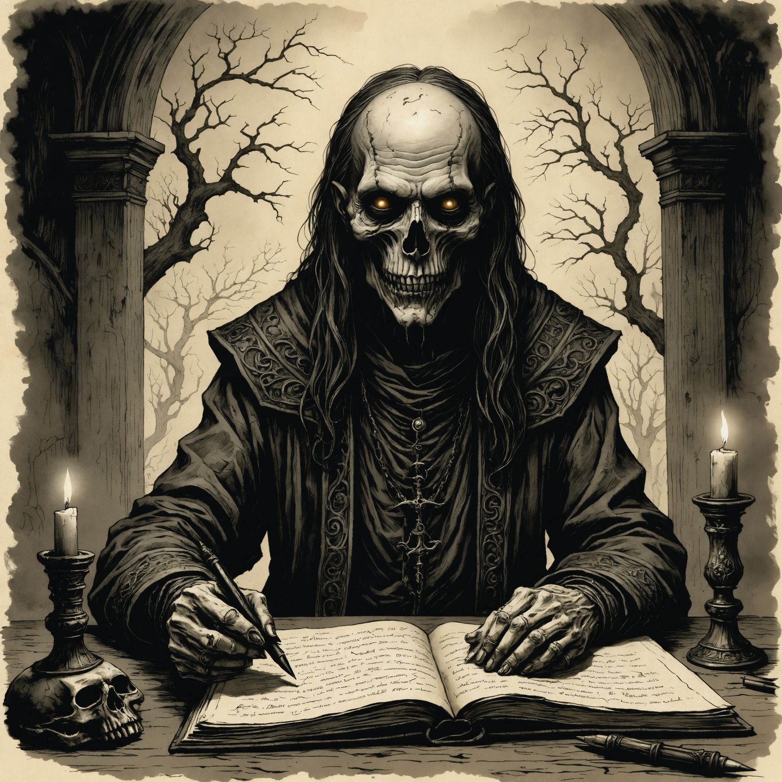 Dark Fantasy Undead Scribe in Pen and Pencil