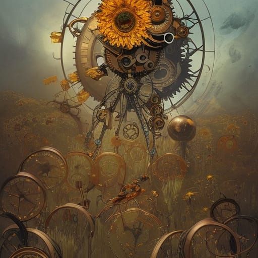 16k resolution, art by Jakub Rebelka, Brom. Steampunk sunflower, bronze and copper petals, clockwork center with rotatin...