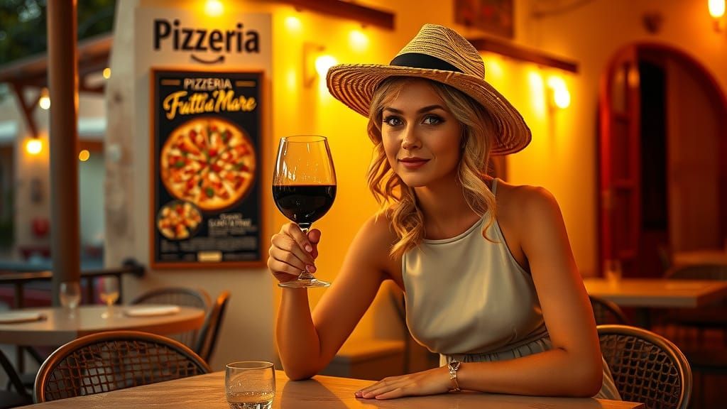 Woman at Pizzeria in Southern France, Photorealistic Style