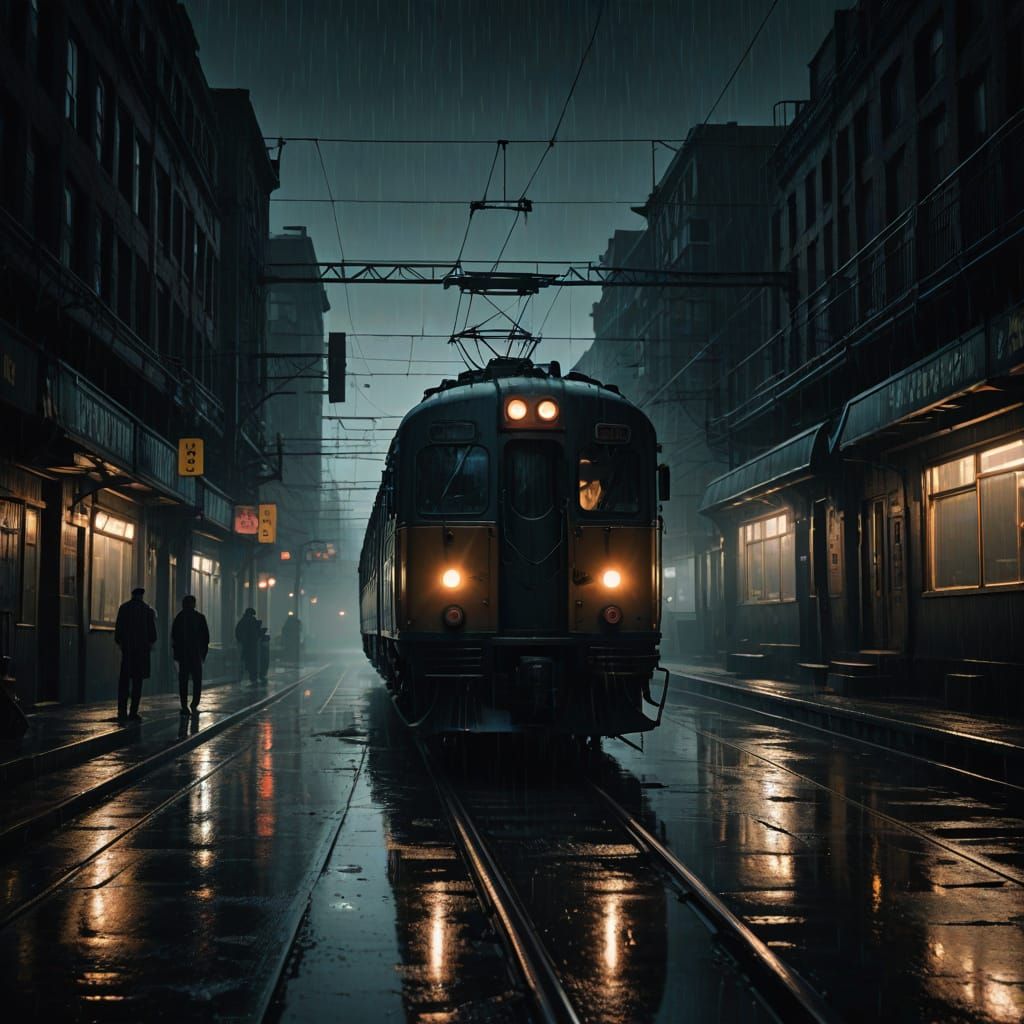 Moody Train Speeds Through a Rainy Cityscape in Cinematic No...