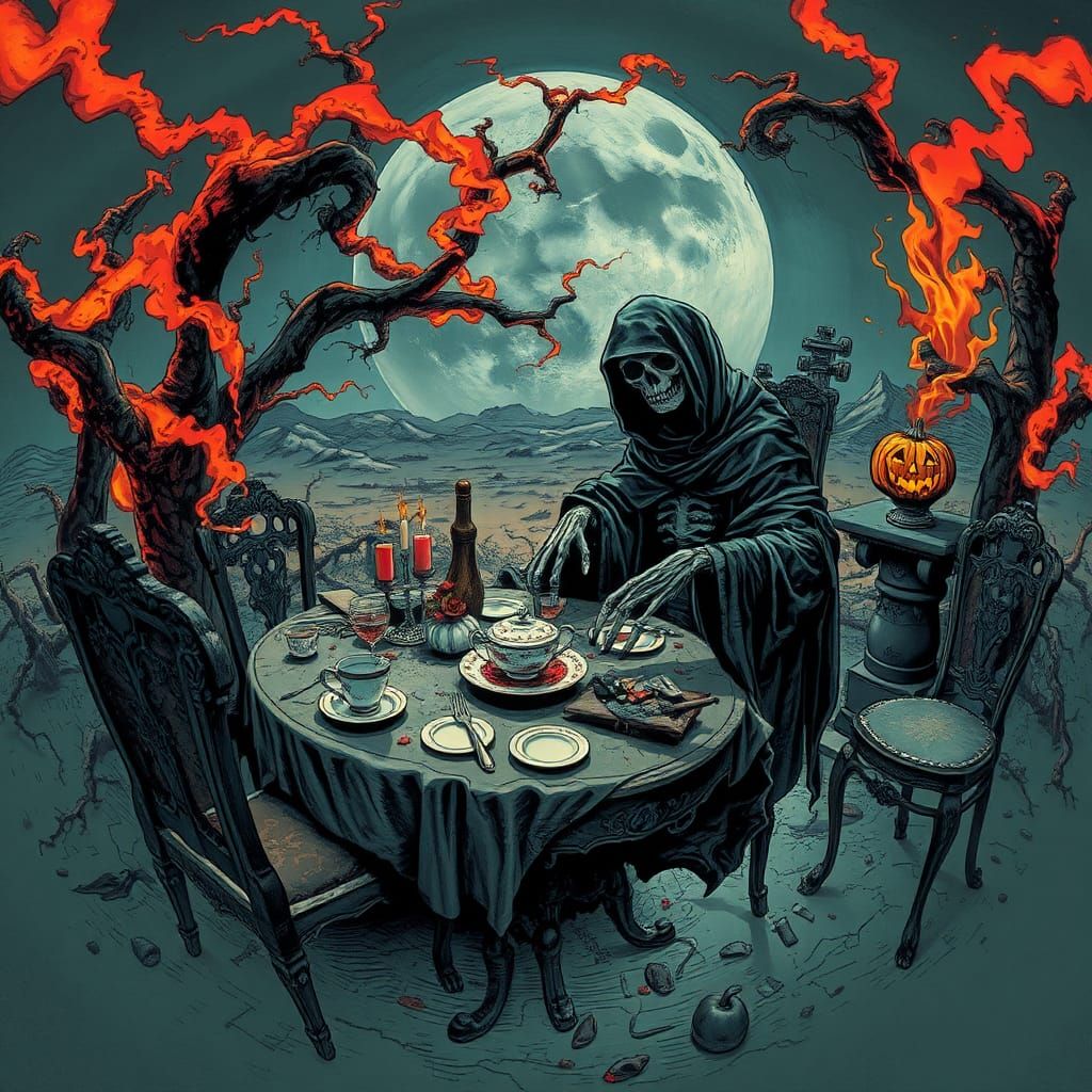 Смерть за столом в чайній чашкі Bernie Wrightson cool colors gothic art surrealism resin cast fisheye lens fire firey en...