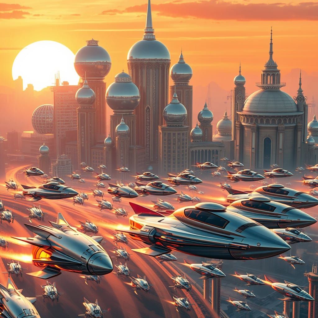 Hyper-Detailed Retro Atomicpunk Cityscape with Rocket Cars