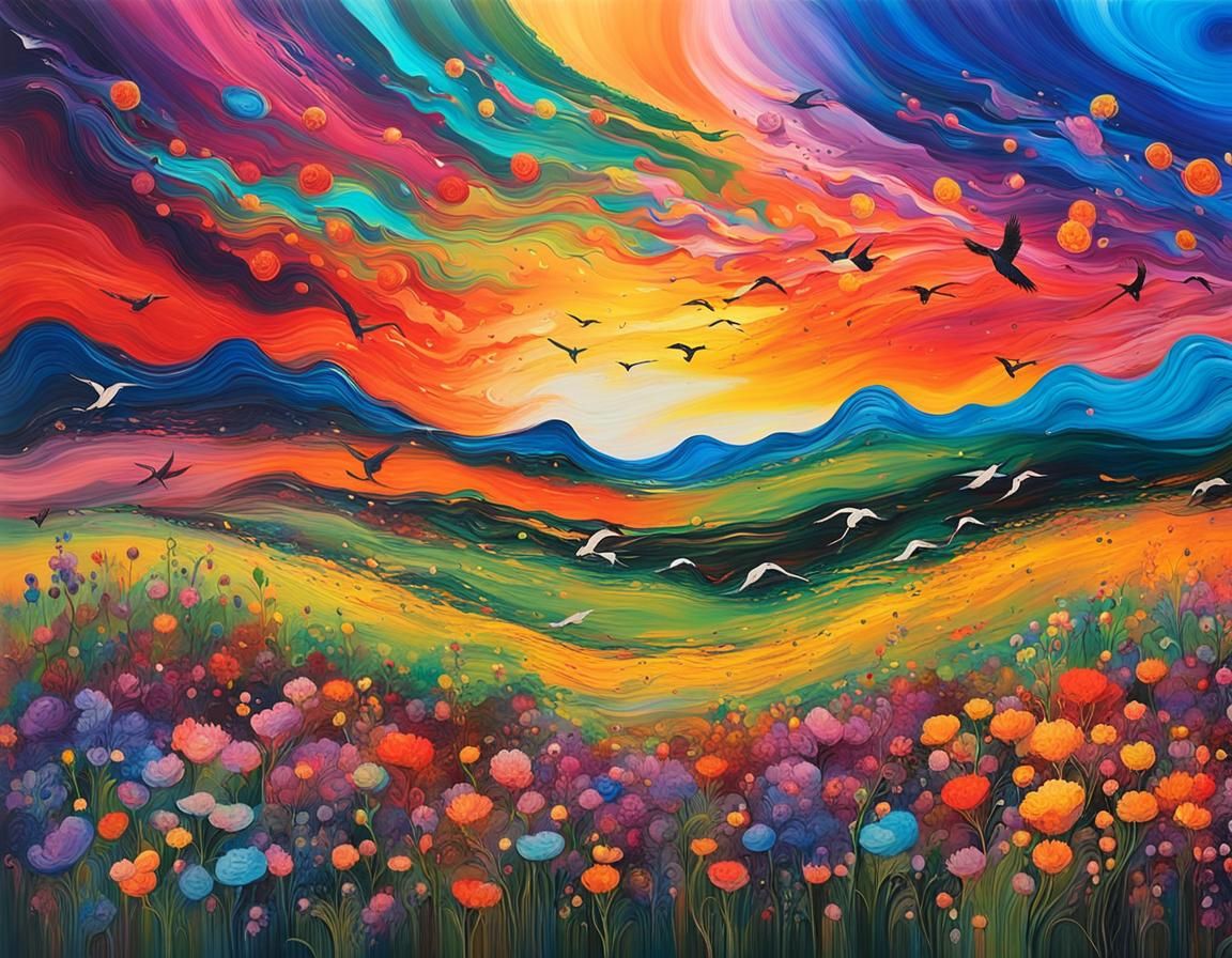 sunset over meadow Pour painting