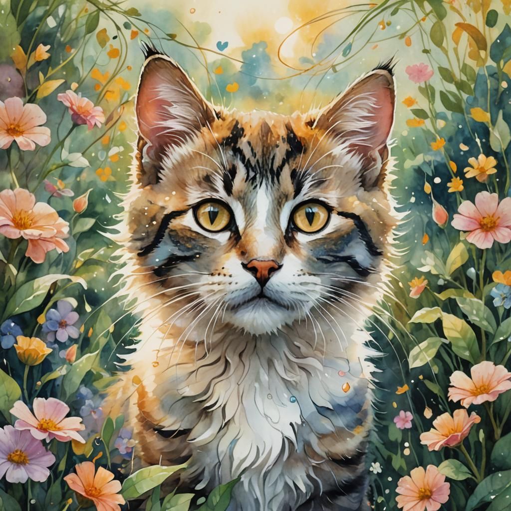 Kitten with Music Notes in Watercolor Garden
