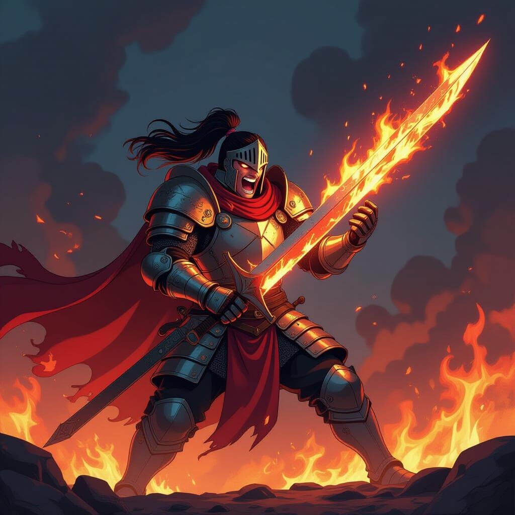 Valiant Knight Wielding Blazing Swords in Manga Style
