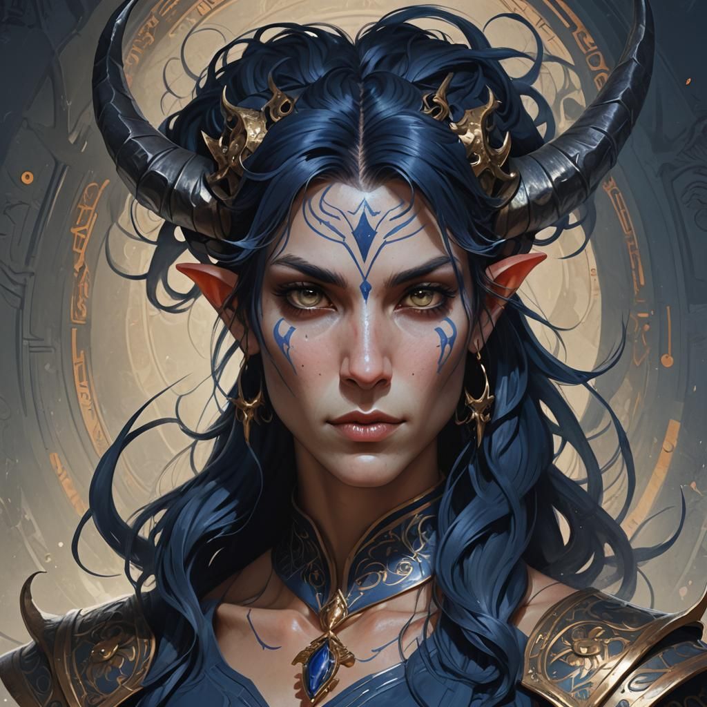 Detailed Tiefling Portrait in Art Nouveau Style
