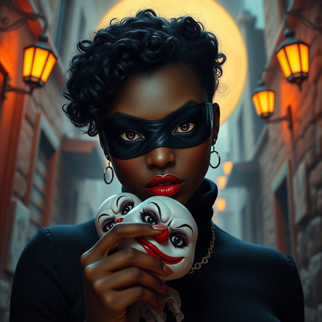 Serene yet Ominous Black Woman Holds Eerie Clown Dolls under...