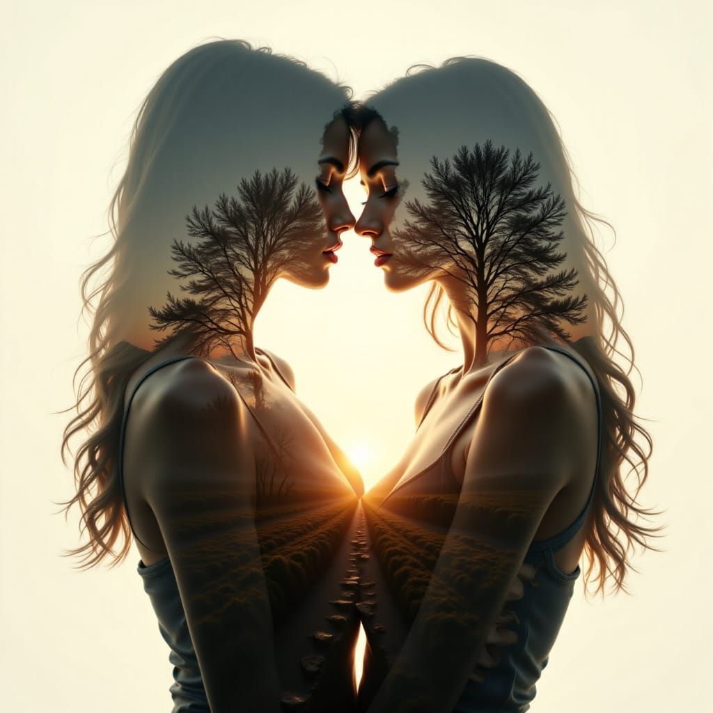 Surreal Double Exposure of Intertwined Figures