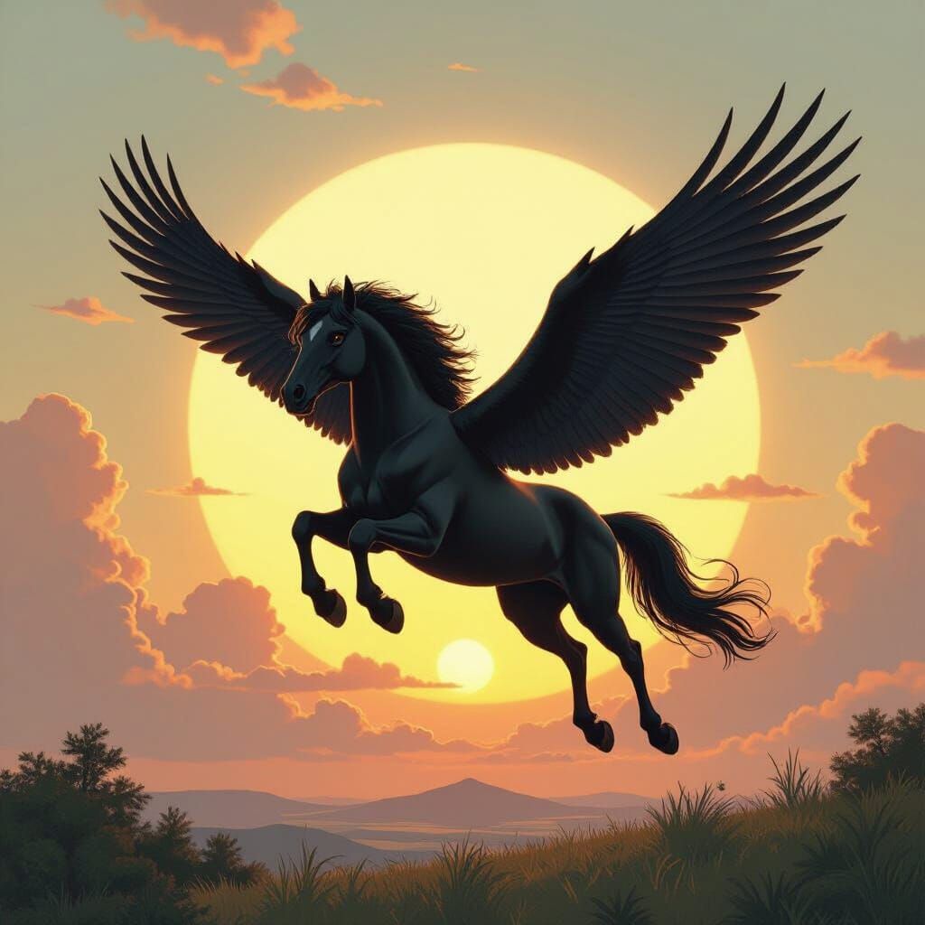 Black Winged Horse Soaring at Sunrise