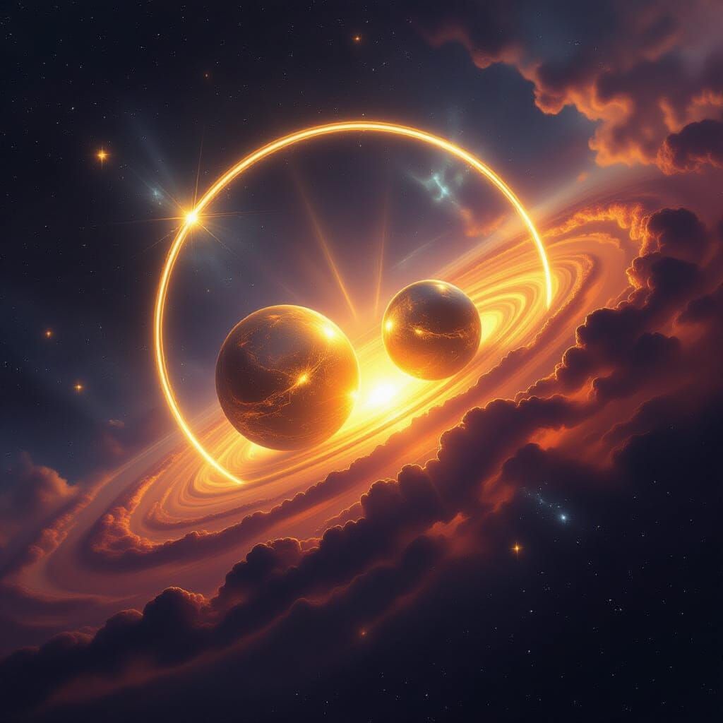 Cosmic Nebula With Golden Spheres and Light Ring