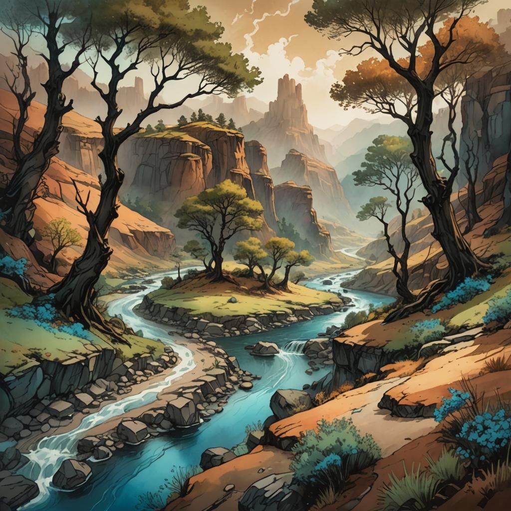 Canyon River in Minimalist Style with Ethereal Light