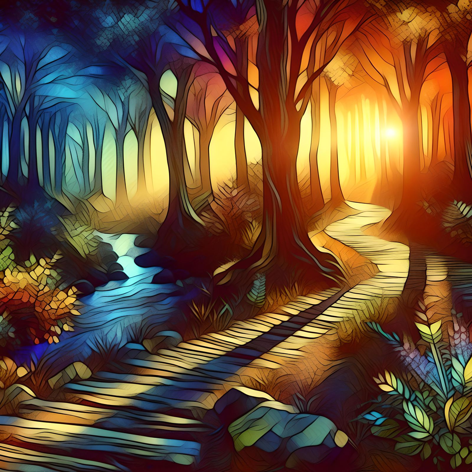 Colorful Forest Path at Sunset in Hand-Painted Style