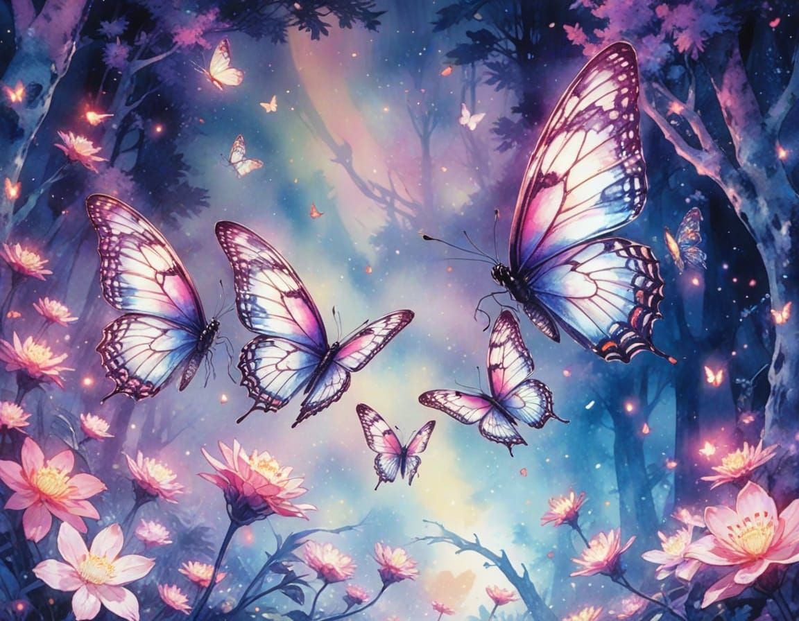 Psychedelic Butterflies Fluttering Through Fantasy Forest