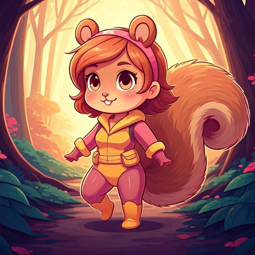 Kawaii Squirrel Girl in a Cartoon Forest